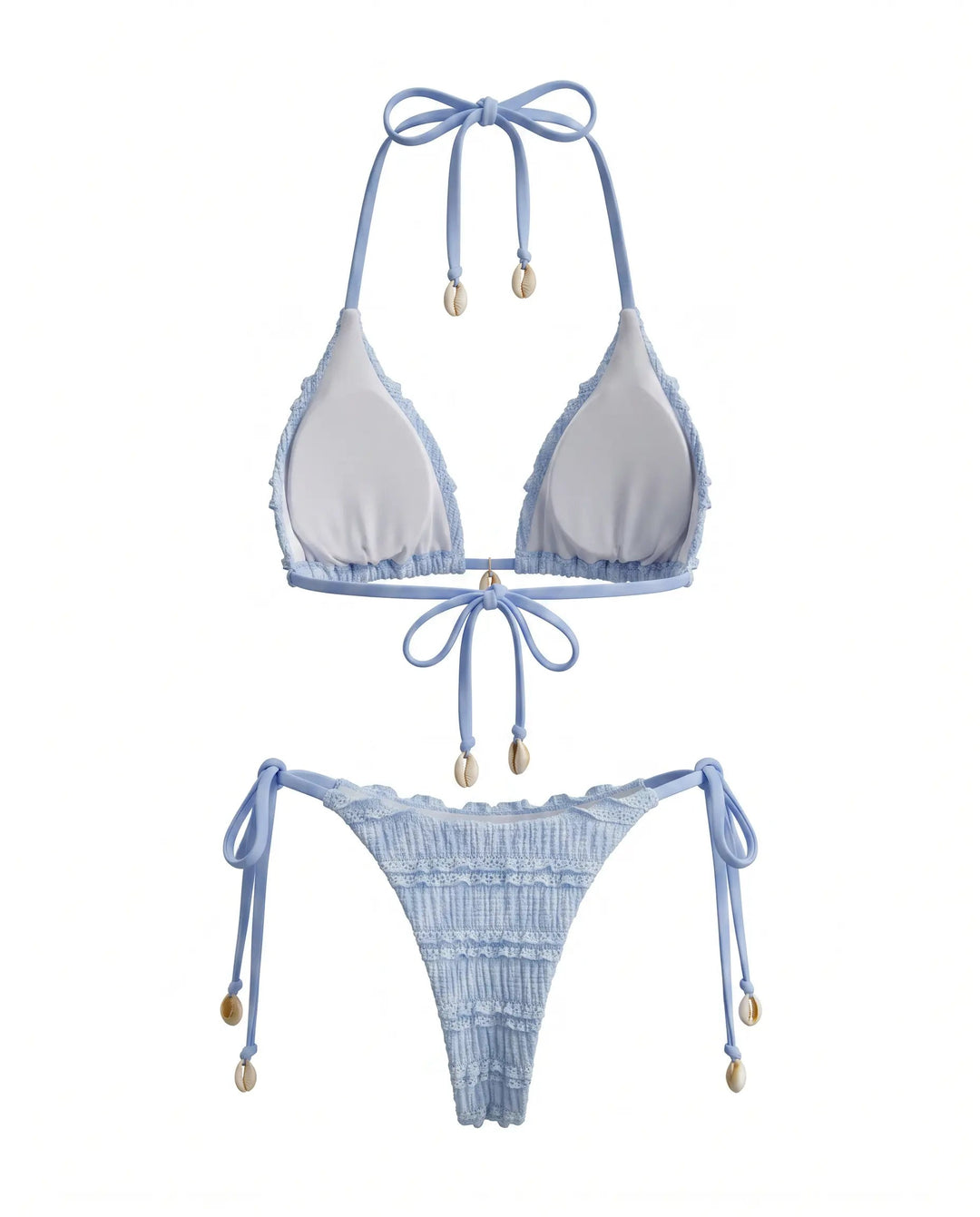 Bikini Halter Azzurro Texturizzato con Laccetti e Charm