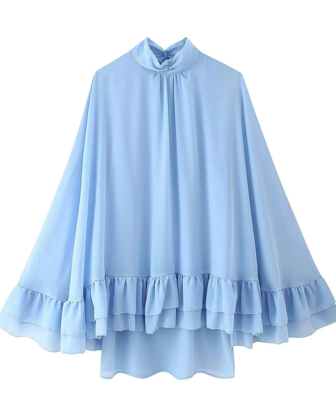 Abito mini azzurro a collo alto con volant a cascata