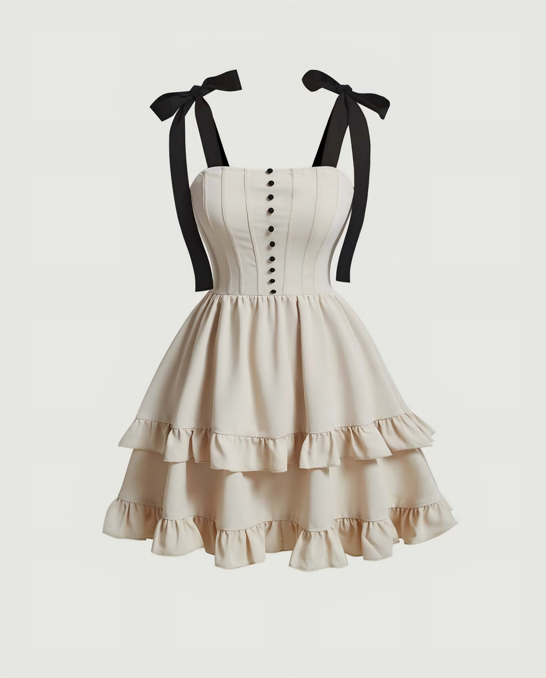 Abito mini bianco crema con corsetto e volant a cascata