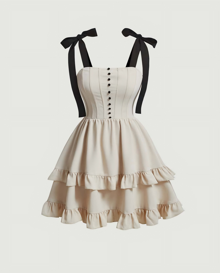 Abito mini bianco crema con corsetto e volant a cascata
