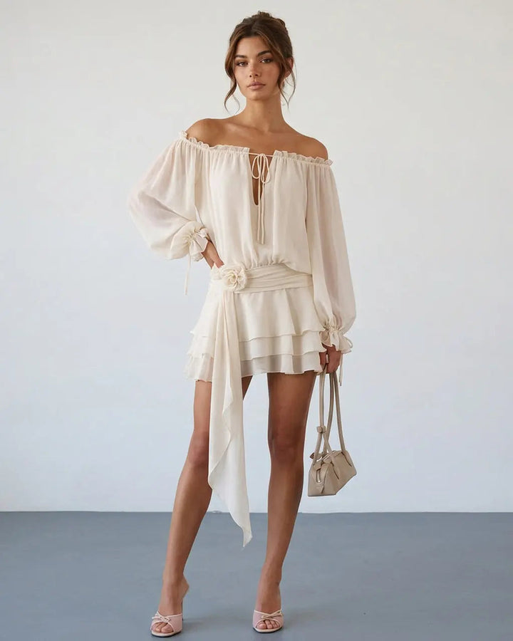 Abito Mini Off-Shoulder con Maniche a Palloncino e Fascia Floreale