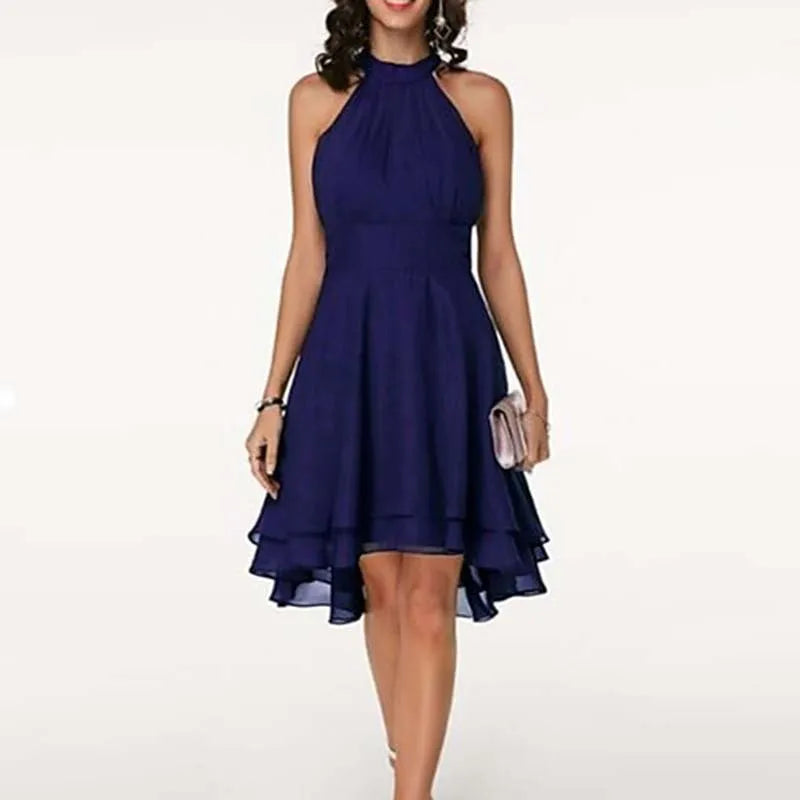Vrouwen Elegante Jurk Zomer Solid Hoge Taille Halter Mouwloze Midi Jurken Dames Cropped Gelaagde Chiffon Party Slim Jurken