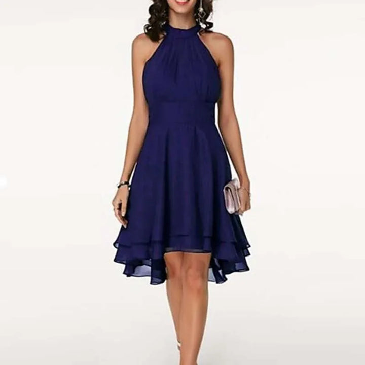 Vrouwen Elegante Jurk Zomer Solid Hoge Taille Halter Mouwloze Midi Jurken Dames Cropped Gelaagde Chiffon Party Slim Jurken