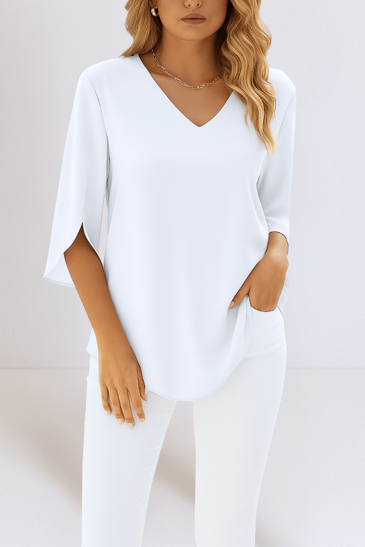 Azzurra – Top elegante con scollo a V e maniche aperte