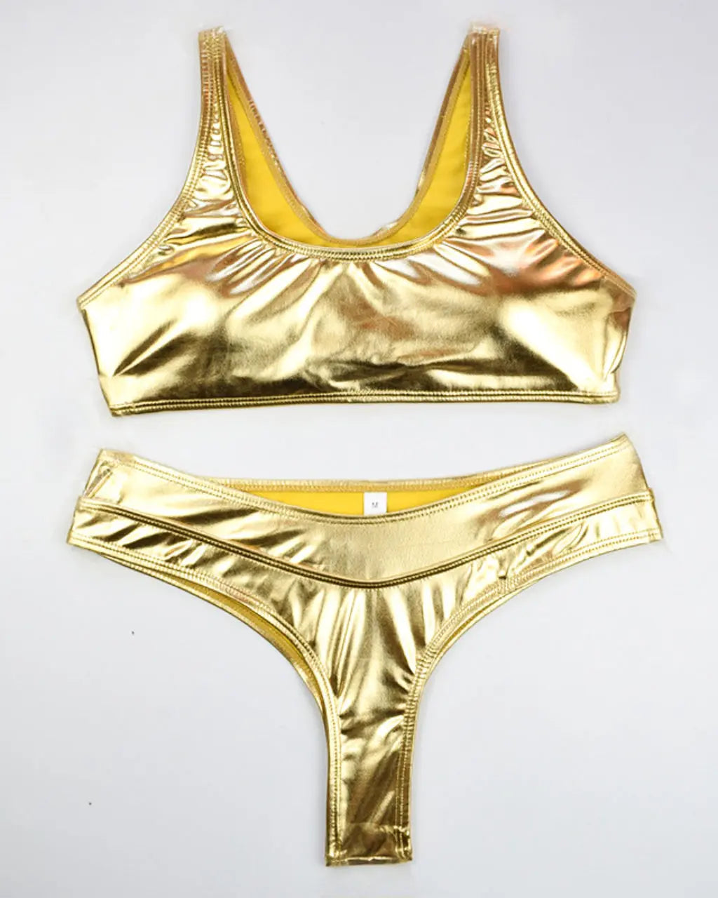 Bikini Dorato a Vita Alta con Scollo Rotondo