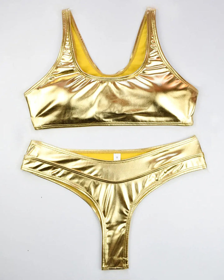 Bikini Dorato a Vita Alta con Scollo Rotondo