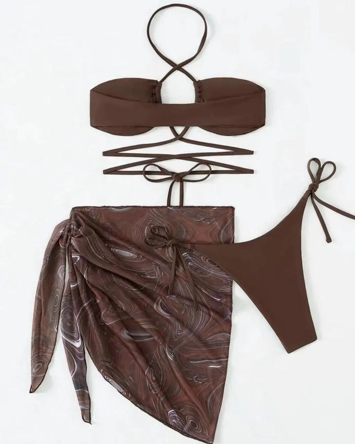 Set Bikini Tre Pezzi Halter Incrociato con Pareo Marmorizzato