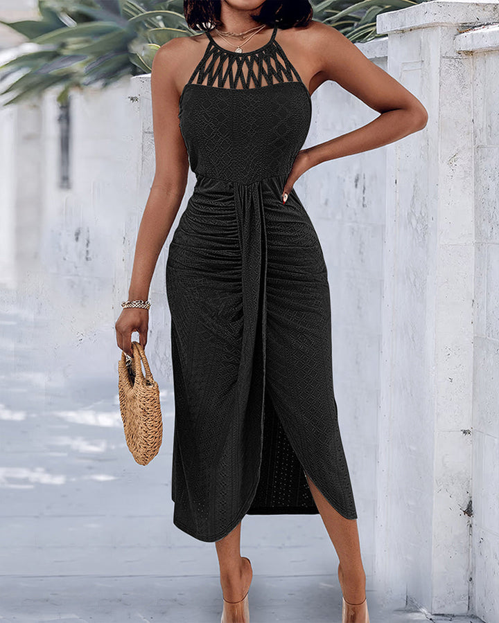 Abito in Maglia con Allacciatura Halter e Incrocio Frontale