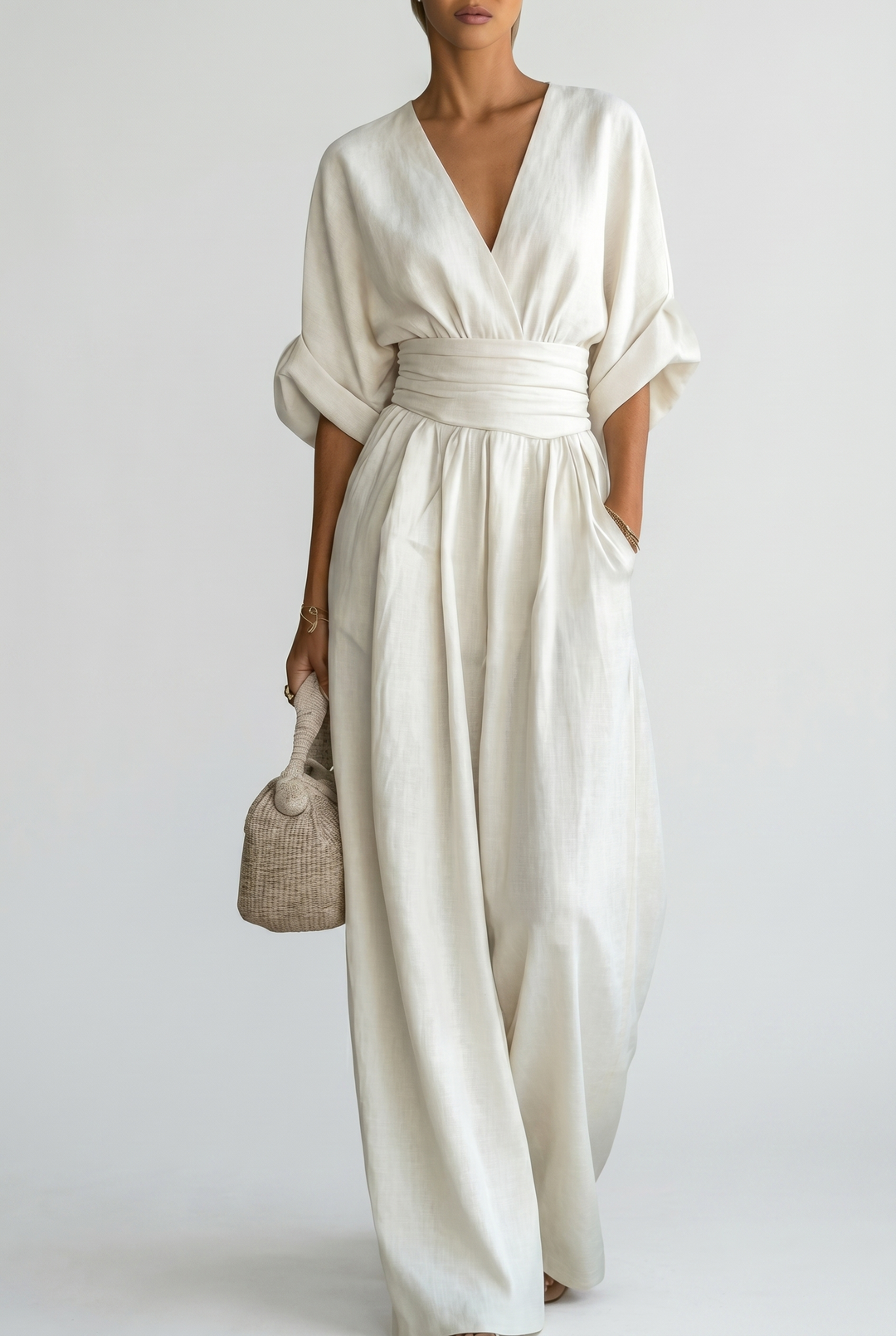 Lavinia – Tuta elegante da donna con drappeggio e vita aderente