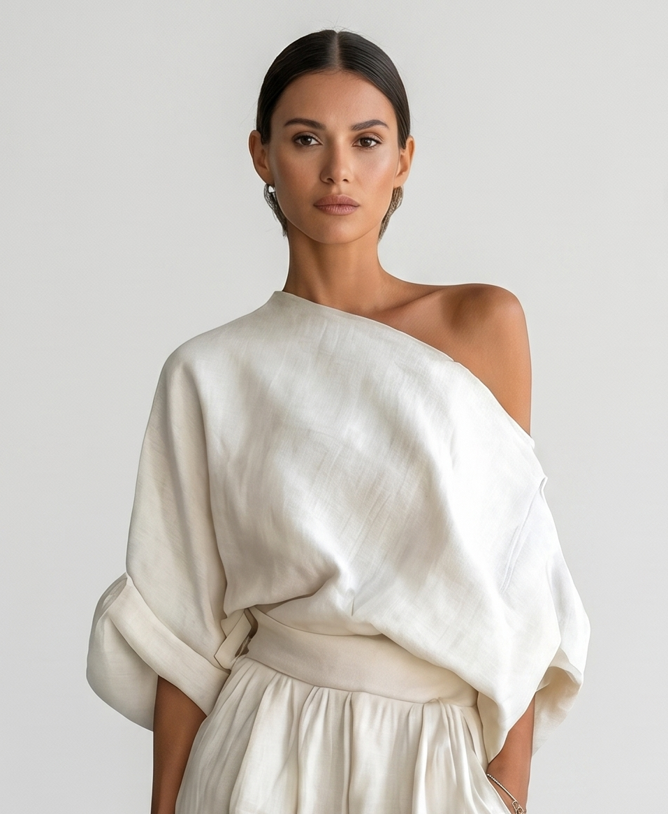 Allegra – Completo monospalla donna con pantalone harem in crema