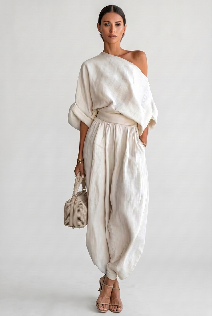 Allegra – Completo monospalla donna con pantalone harem in crema