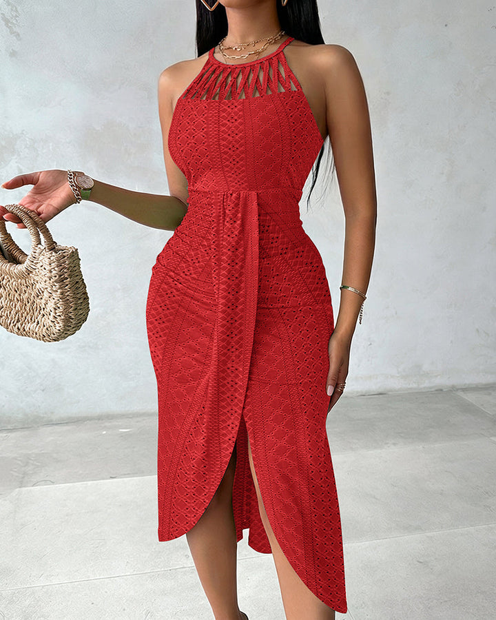 Abito in Maglia con Allacciatura Halter e Incrocio Frontale