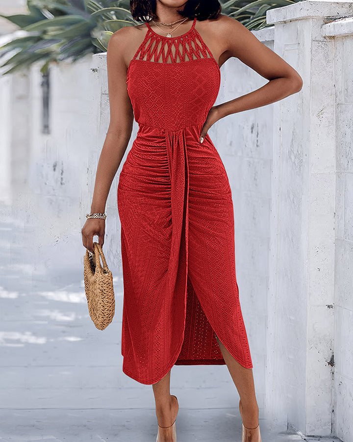 Abito in Maglia con Allacciatura Halter e Incrocio Frontale