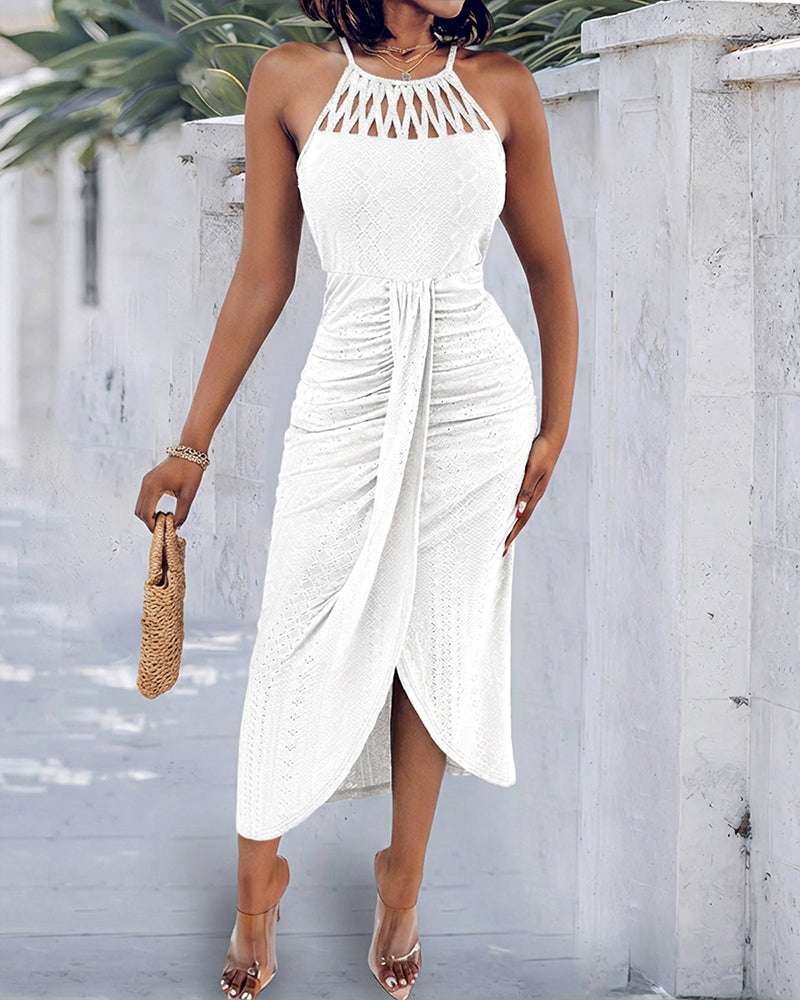 Abito in Maglia con Allacciatura Halter e Incrocio Frontale