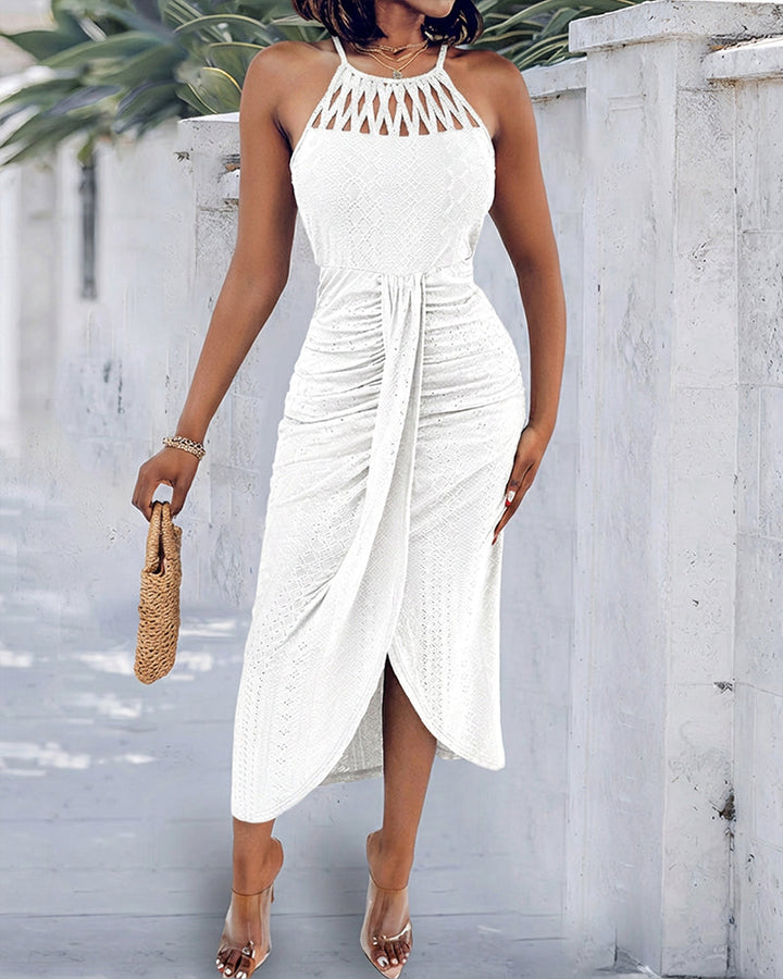 Abito in Maglia con Allacciatura Halter e Incrocio Frontale