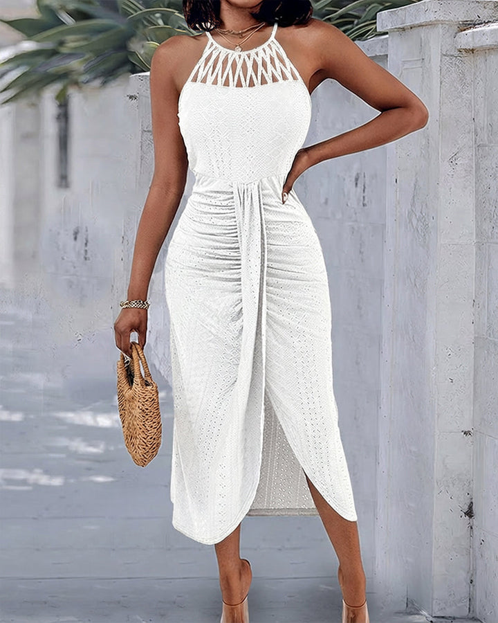 Abito in Maglia con Allacciatura Halter e Incrocio Frontale